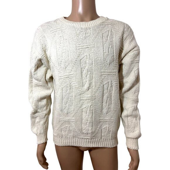 Body Equip Men’s Sweater Vtg M Cream Textured Geometric Pattern Pullover USA - Picture 1 of 16